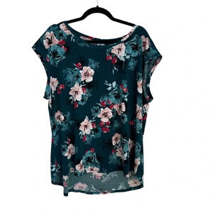 Elle Women’s Short Cap Sleeve Teal Floral Scoop Neck Blouse Size XXL GUC